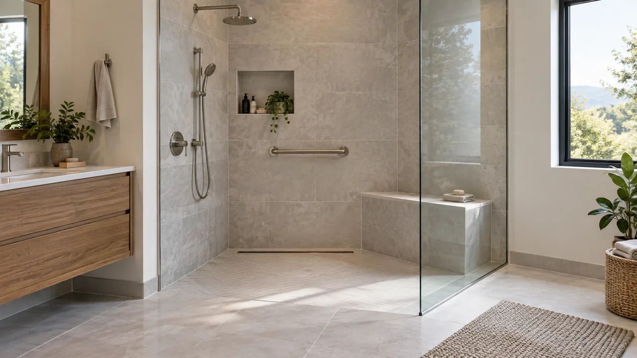 Walk in showers accessible layout with curbless entry and linear drain