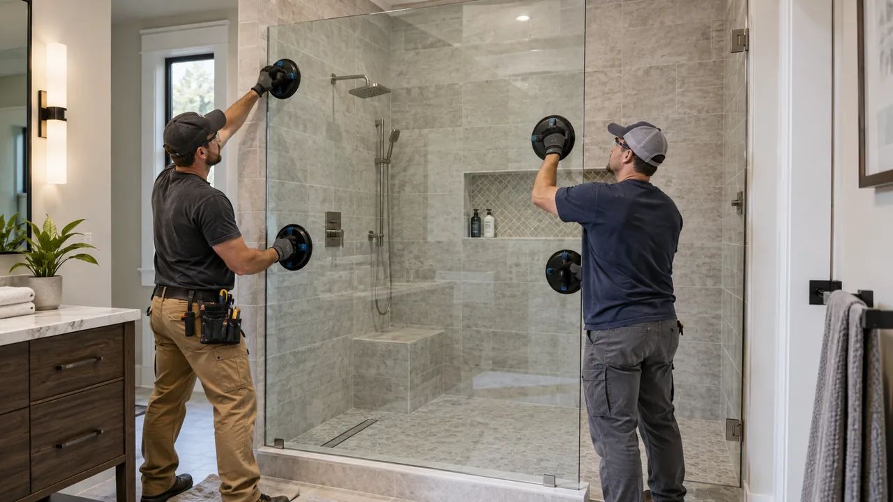 Shower Door Installation: DIY vs. Professional Help 3 Shower door installation by a professional two-person glass crew