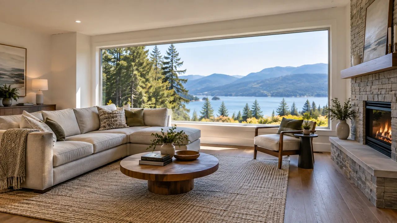 Picture window in a living room with a wide outdoor view