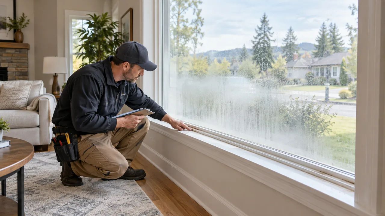 Picture window replacement inspection for fogged glass and sill damage