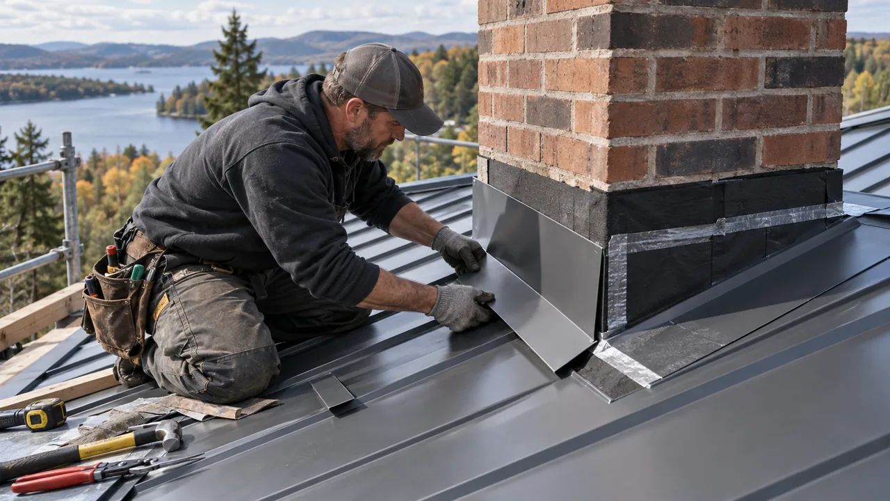 Metal roof chimney flashing project planning with material samples