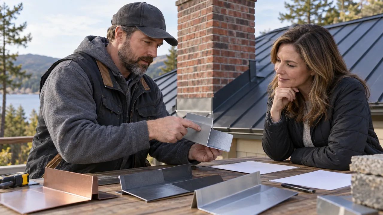 Metal roof chimney flashing repair with custom waterproof layers