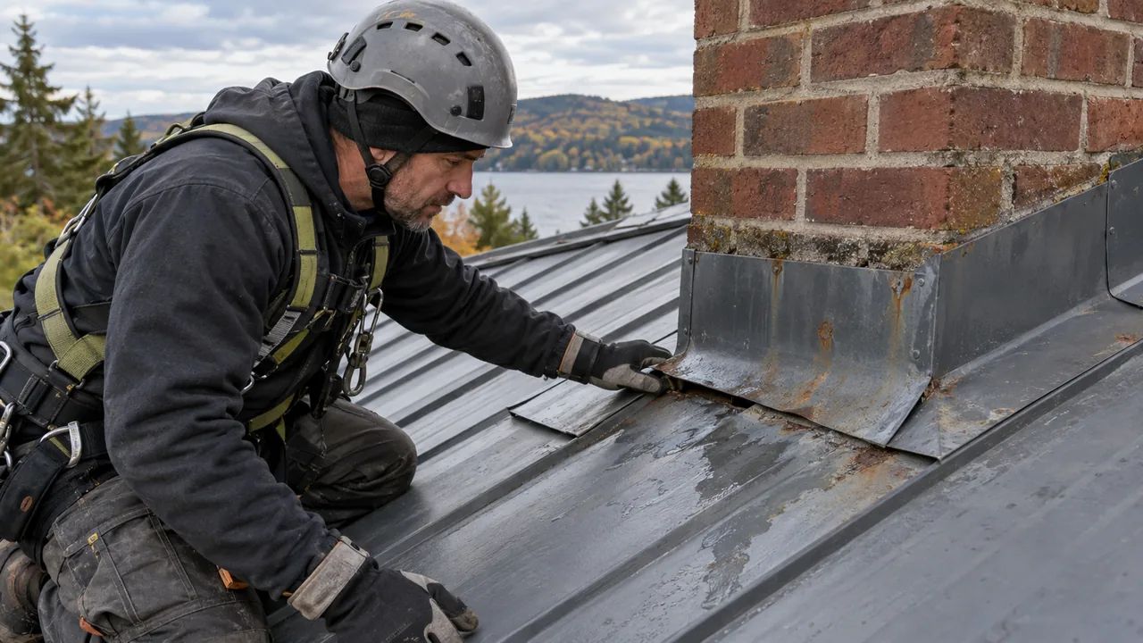 Metal roof chimney flashing damage with rust and a lifted seam near brick