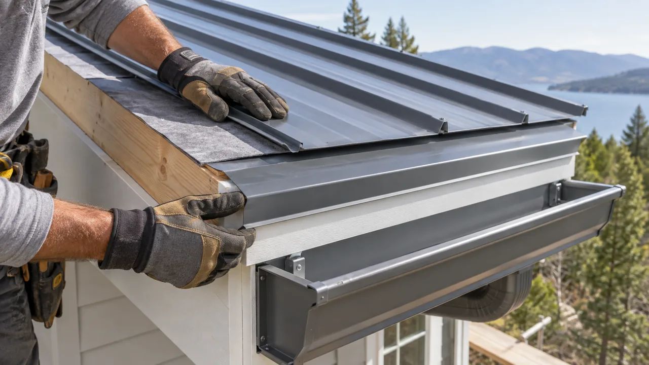 Metal roof drip edge correctly layered with underlayment above the gutter