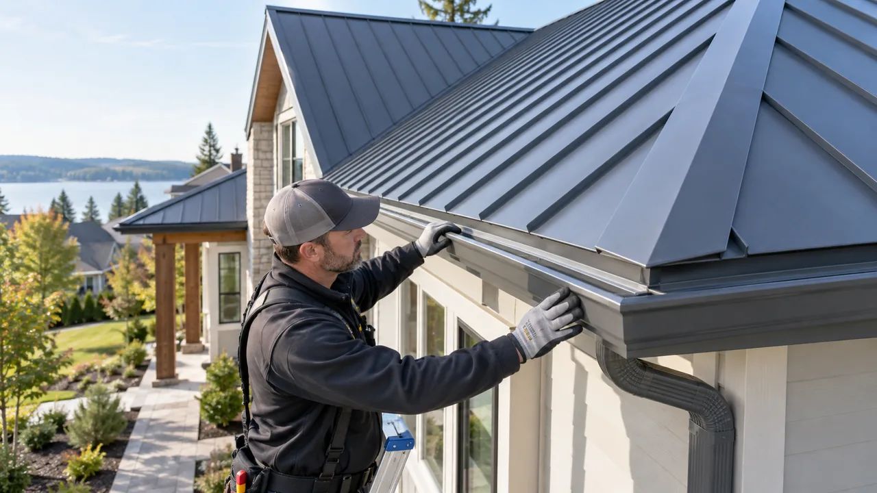 Metal roof drip edge perimeter inspection at eaves, rakes, and corners