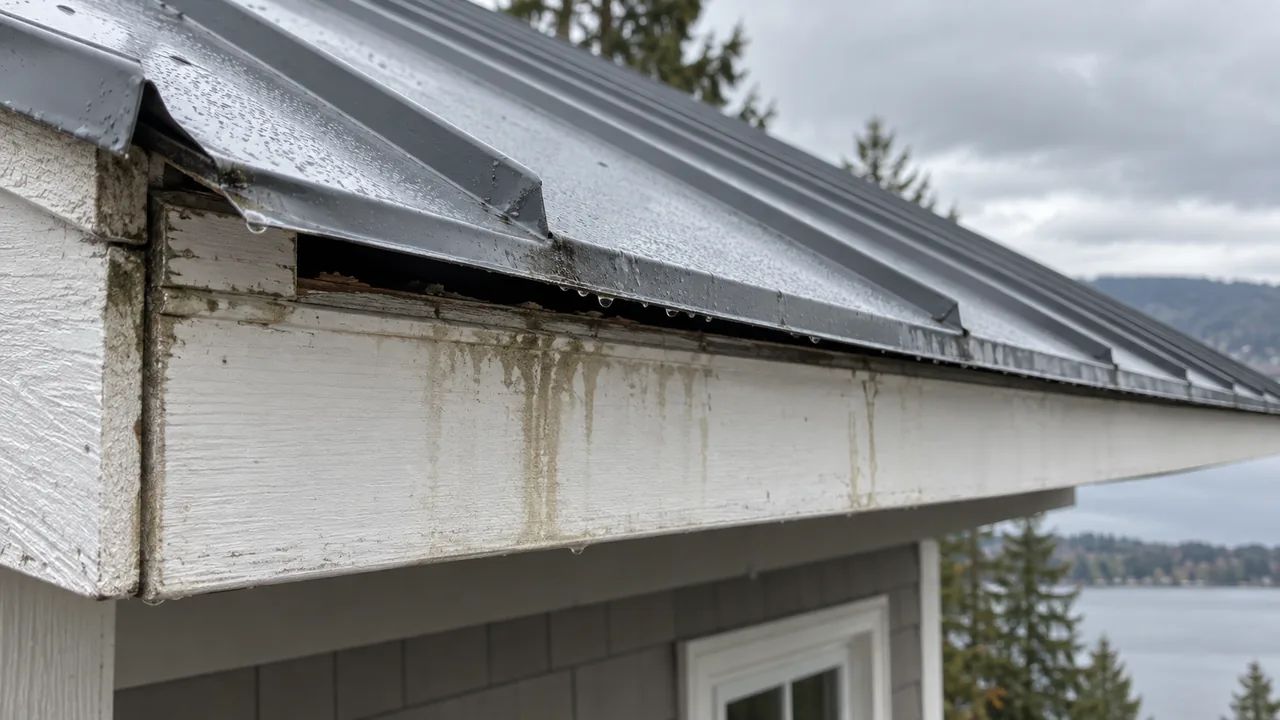 Metal roof drip edge gap causing water stains along the fascia