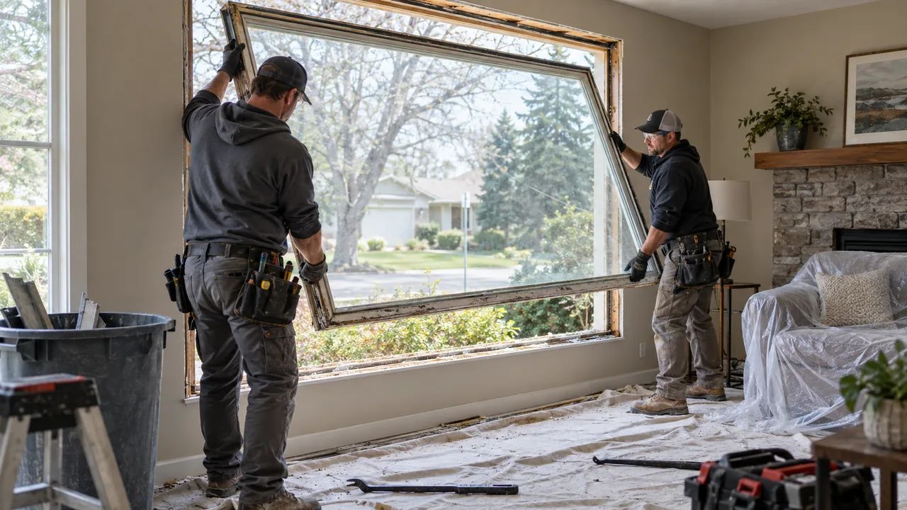 Picture window replacement cost project with installers removing an old fixed window