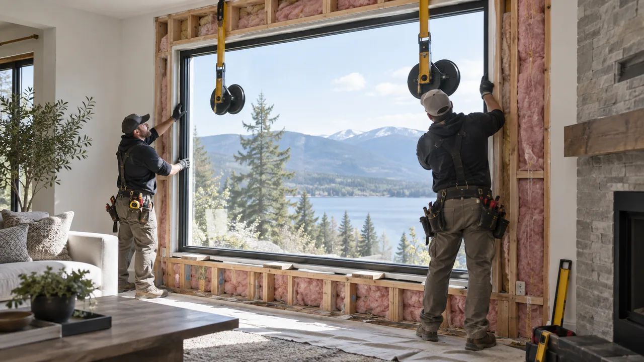 Cost of Picture Window Projects: Budget and Value Tips 3 Cost of picture window installation with two professionals fitting a large fixed unit