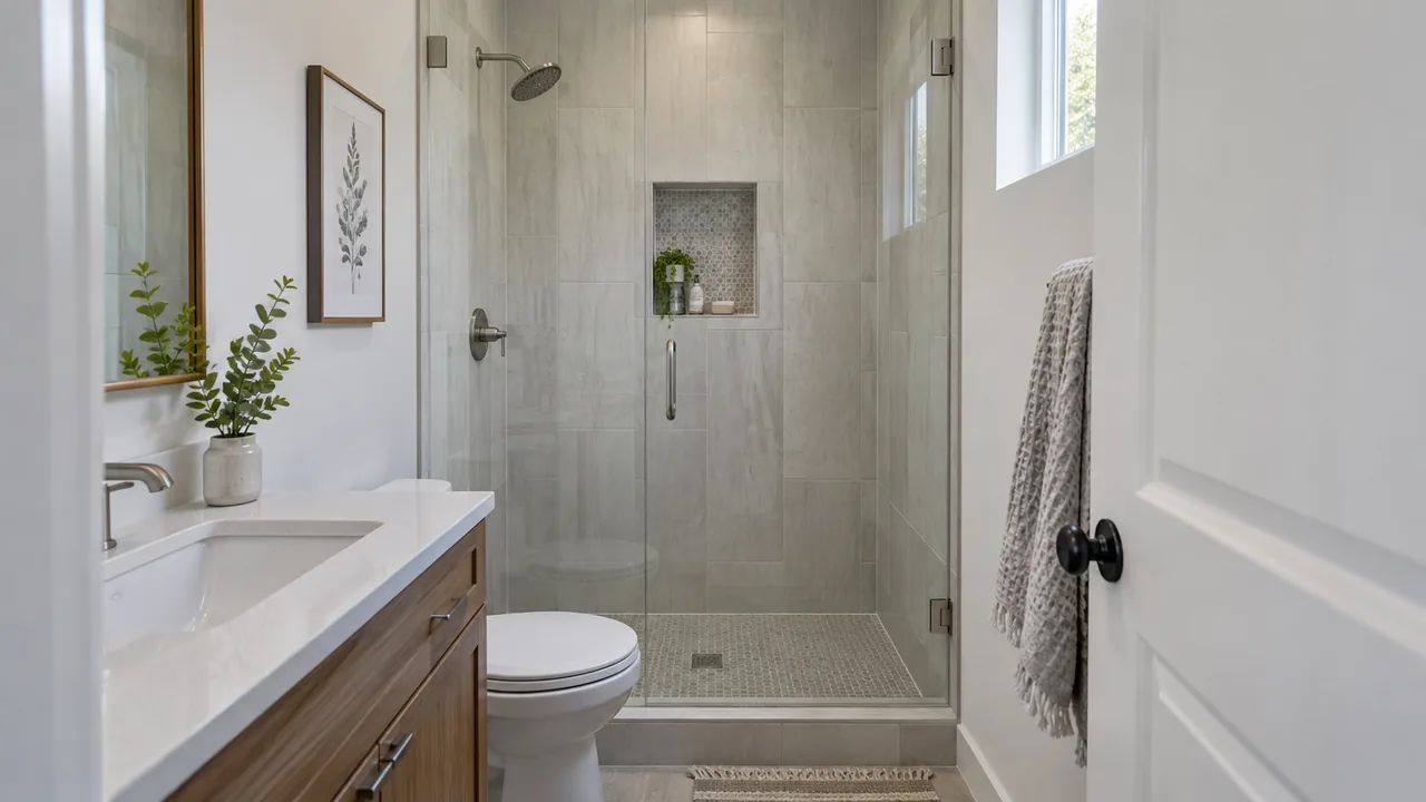 Shower tile ideas with large-format wall tile and a mosaic shower floor