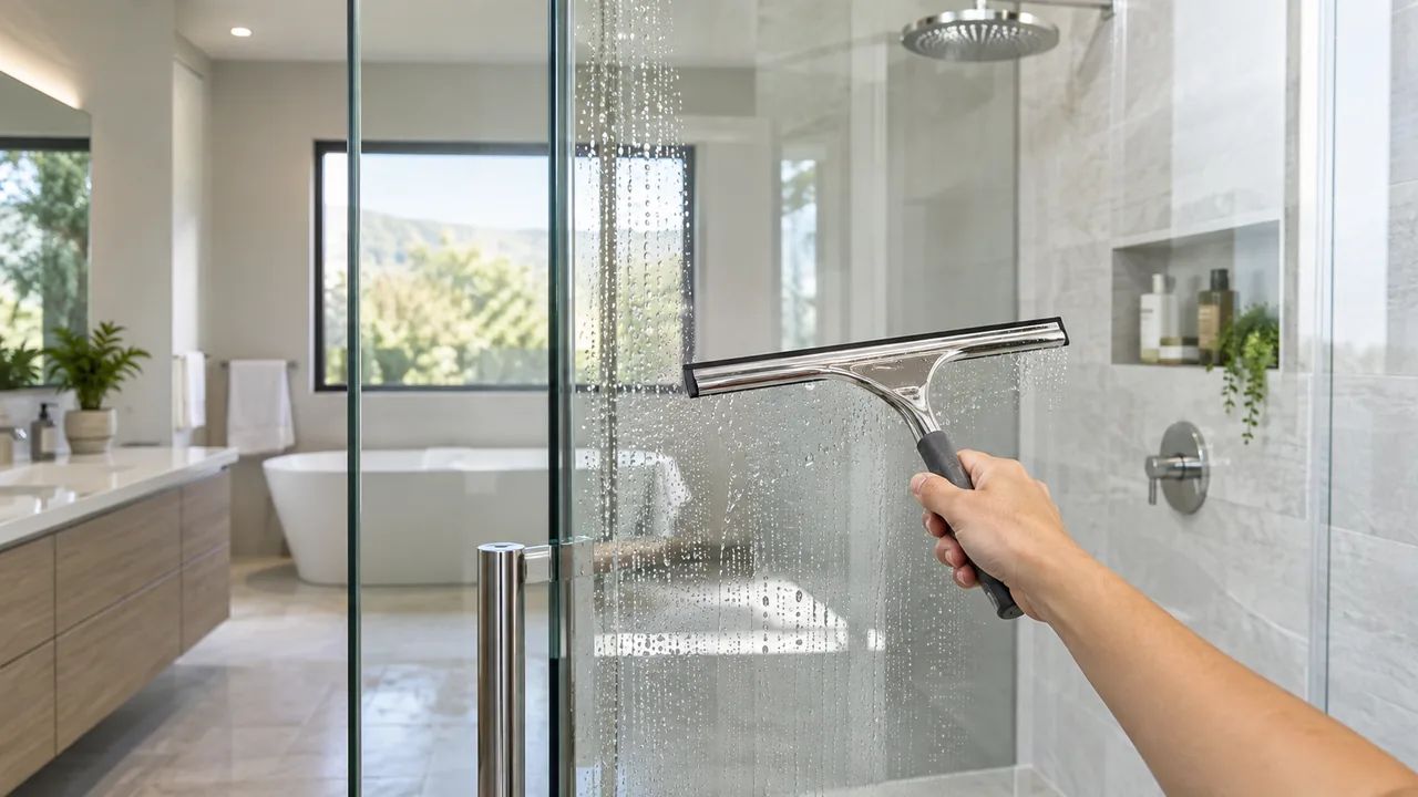 Glass Shower Door Cleaner Mistakes That Make Glass Look Worse 5 Glass shower door cleaner followed by a squeegee for clear glass