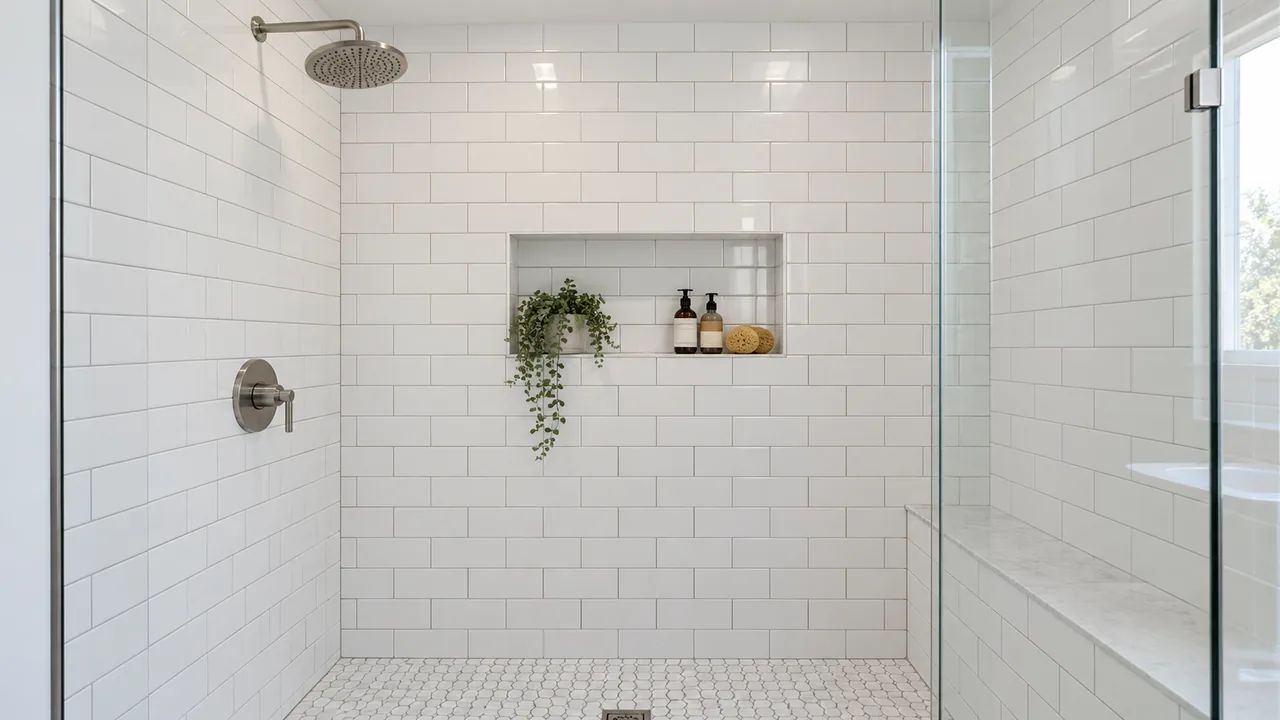 White Subway Tile Shower Ideas for a Cleaner Bathroom Look 1 White subway tile shower with aligned layout and balanced grout joints