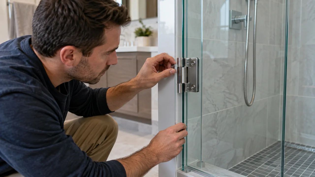 Shower door hinges inspection for backing fasteners and glass alignment