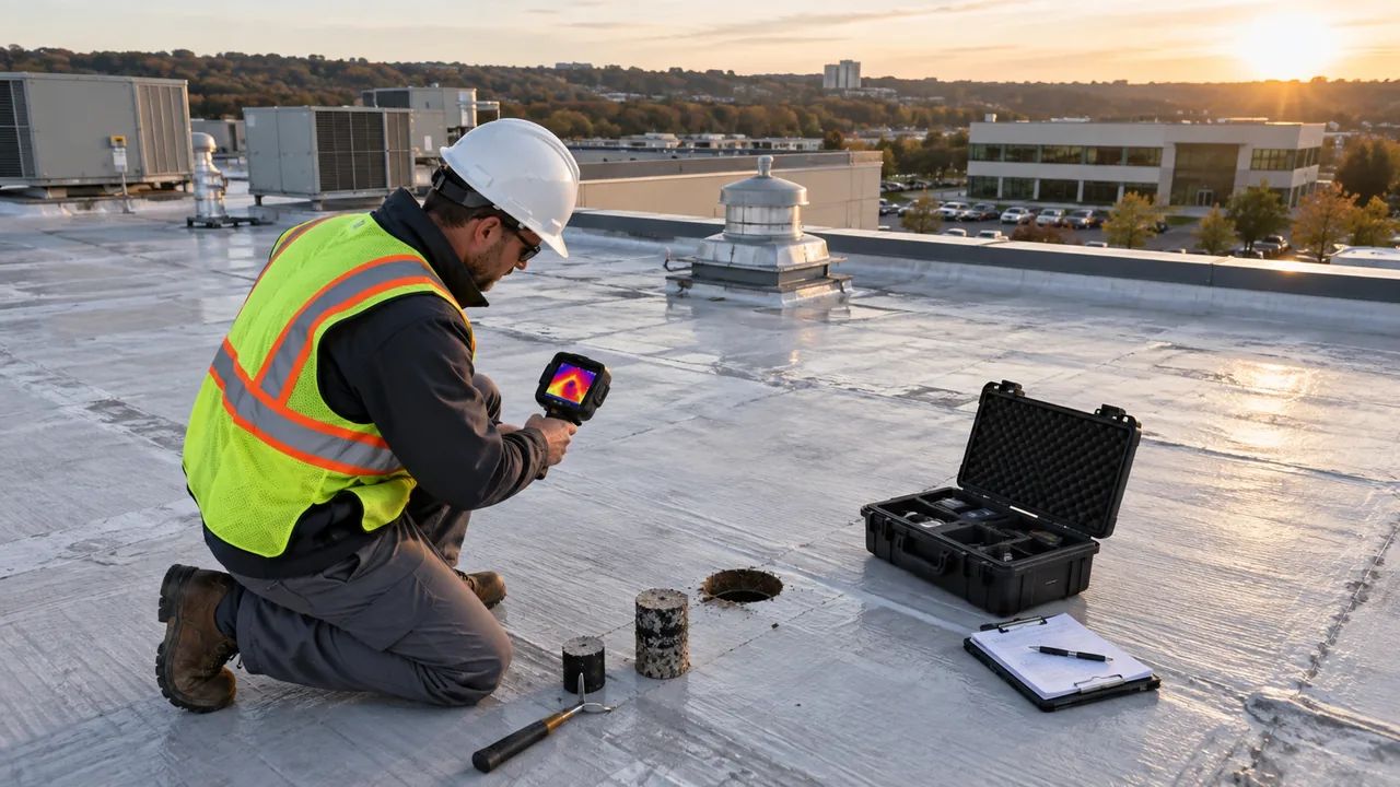 Commercial Flat Roofing Guide for Smarter Roof Planning 1 Commercial flat roofing inspection for hidden moisture and deck condition