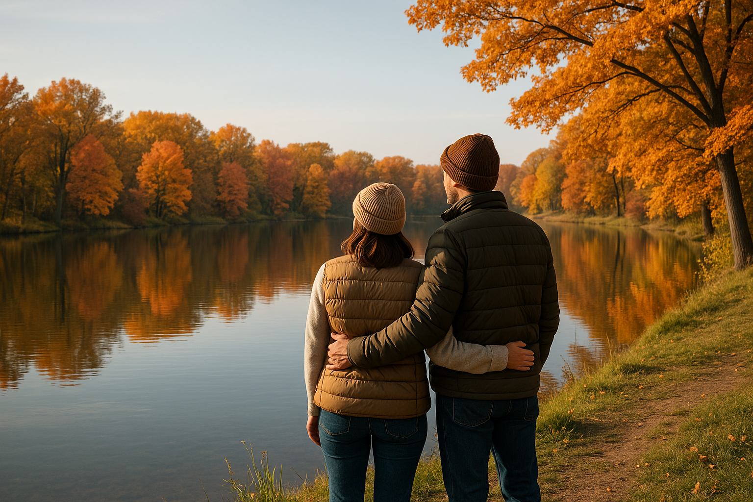 Two people holding each other overlooking a crystal clear calm lake during a sunset