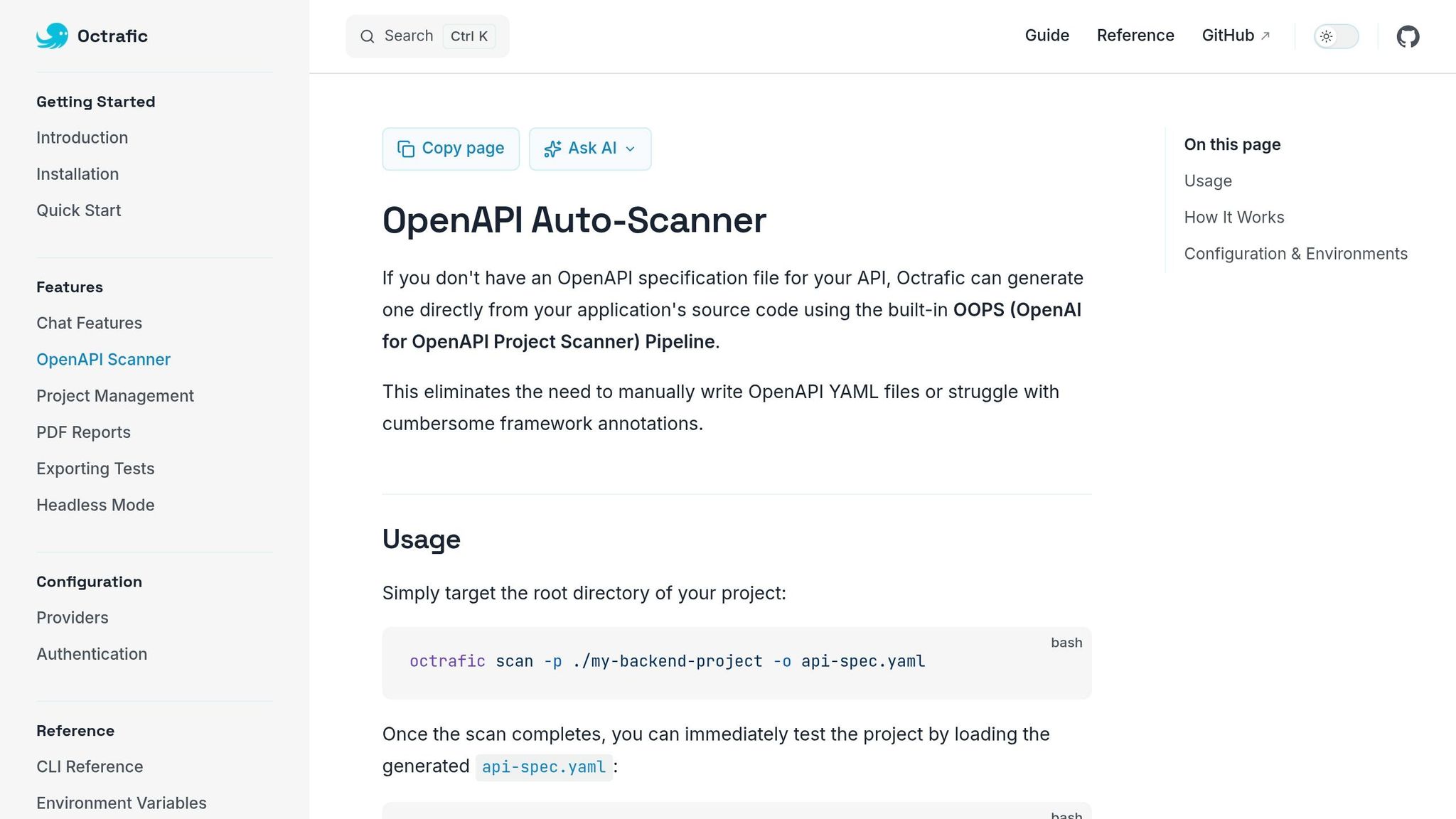 OOPS scanner UI showing source-code parsing for OpenAPI spec generation
