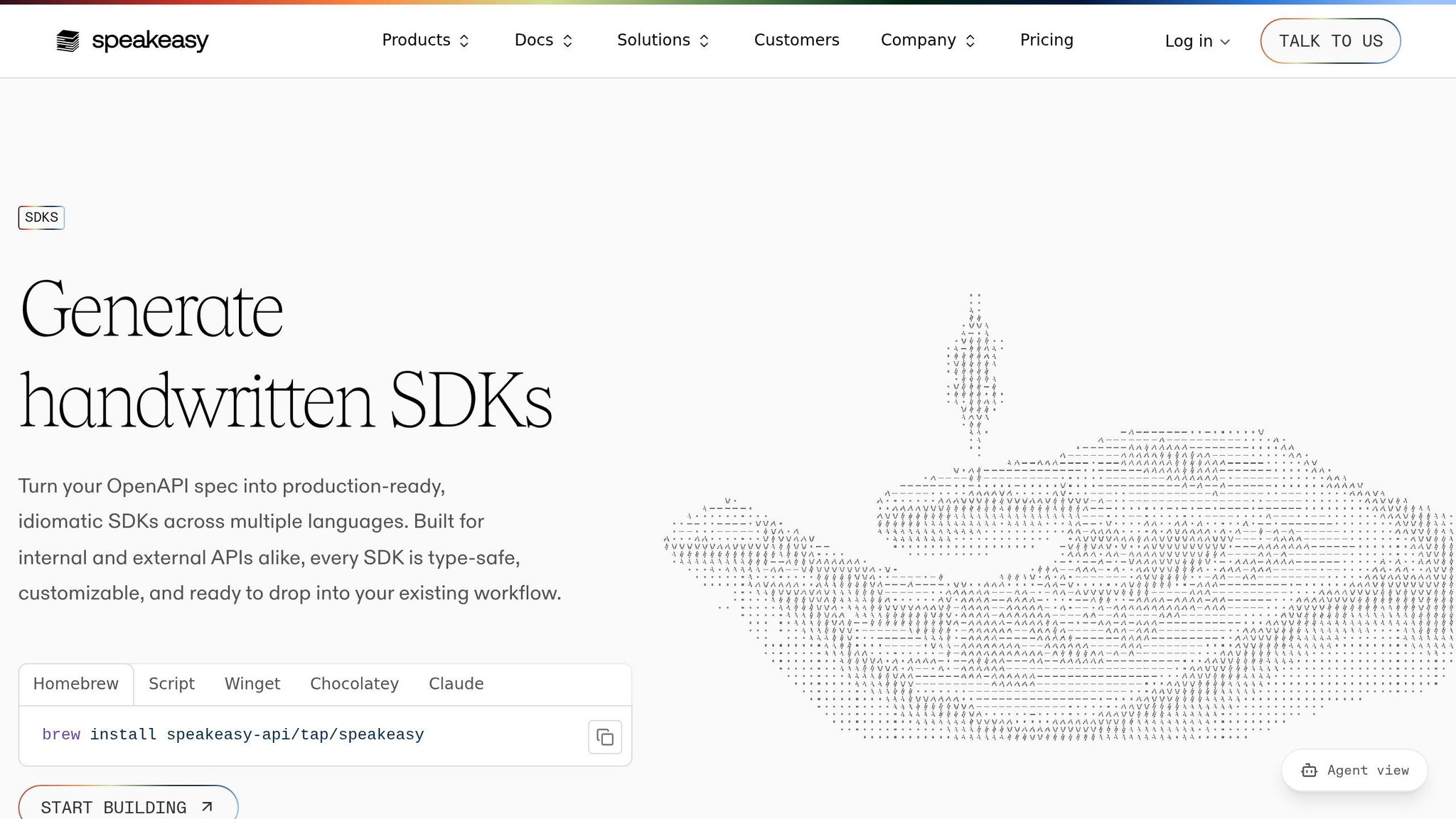 Speakeasy SDK generator producing TypeScript and Python SDKs from OpenAPI spec