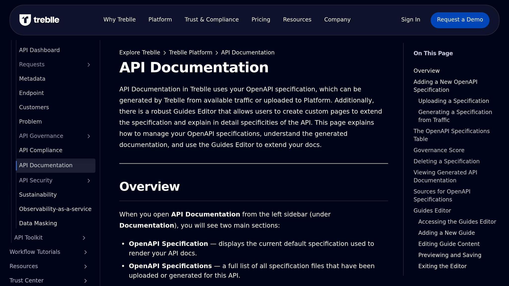Treblle dashboard generating OpenAPI specs from live API traffic