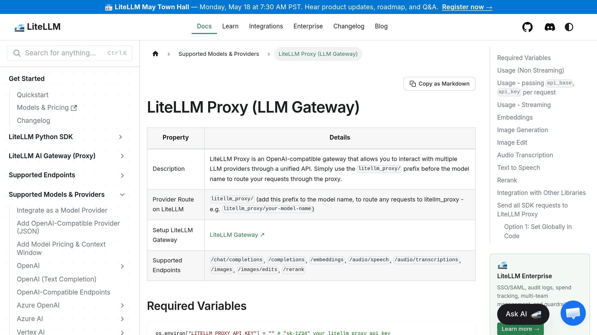 LiteLLM Proxy dashboard showing virtual keys and TPM/RPM quotas across providers