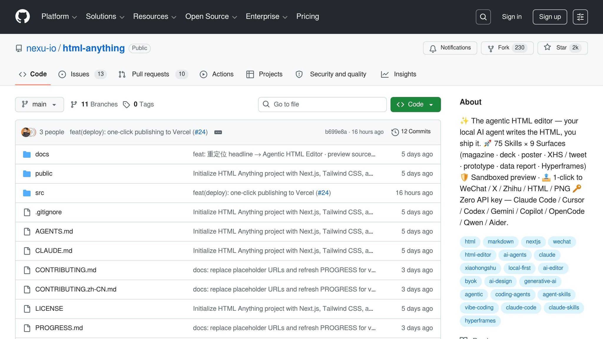 html-anything editor browser screenshot with Claude Code agent detected
