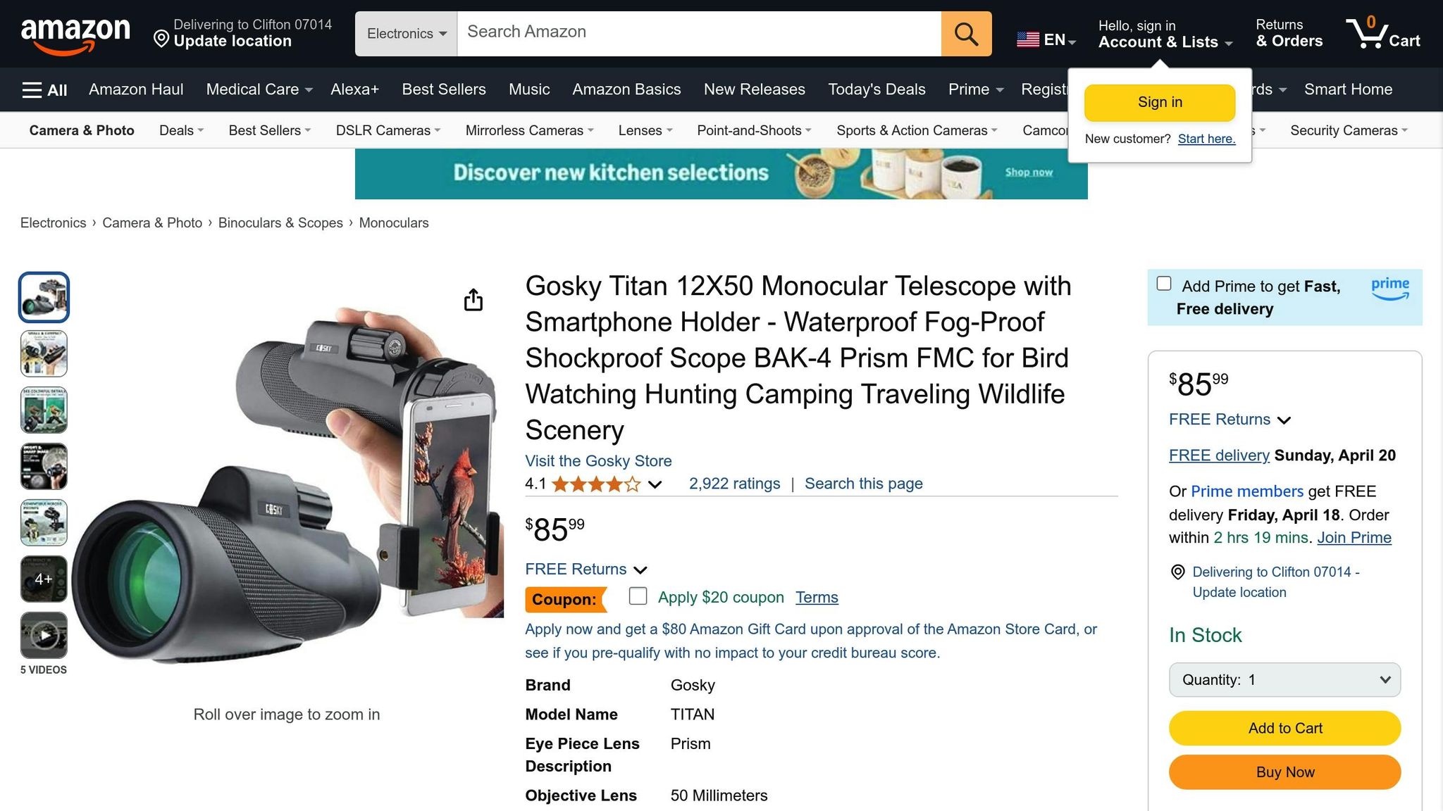 Gosky Titan 12x50 Monocular