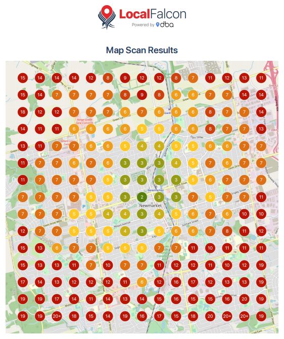 Local Falcon geo-grid monitoring tool showing a heatmap of rankings