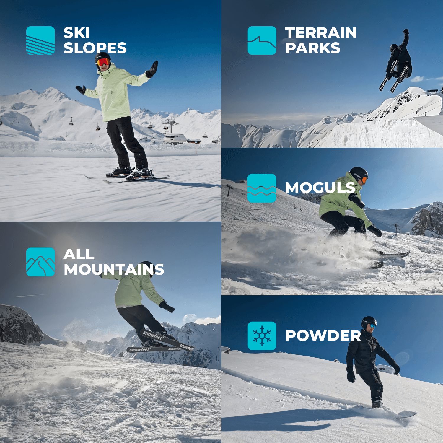 Pět různých zimních sněhových terénů pro Snowfeet Skiskates 44: lyžařské sjezdovky, terénní parky, all-mountain, boule, POWDER