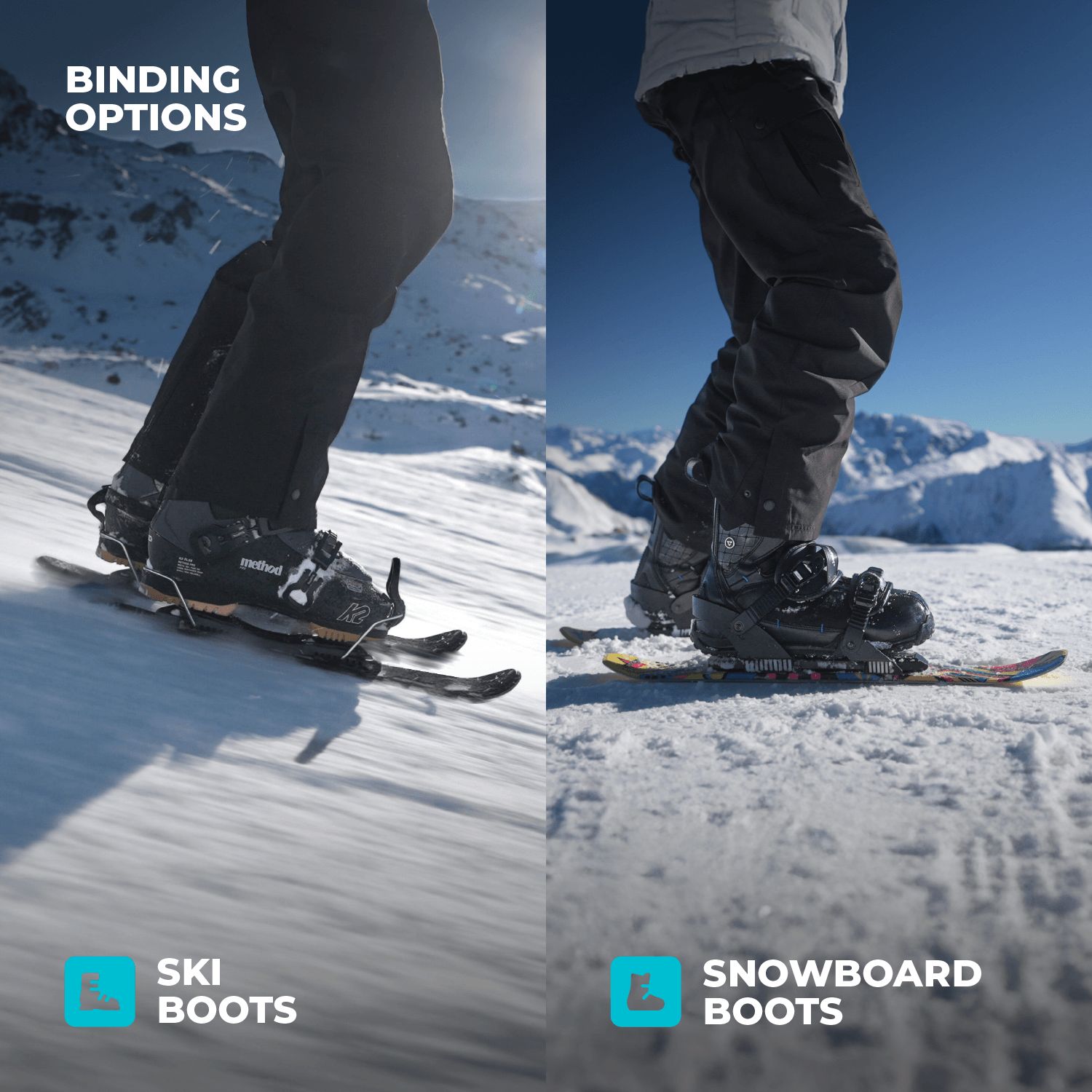Dva pohledy na lyžařské boty a snowboardové boty na lyžích s horským pozadím. Možnosti vázání Snowfeet Skiblades 65 cm.