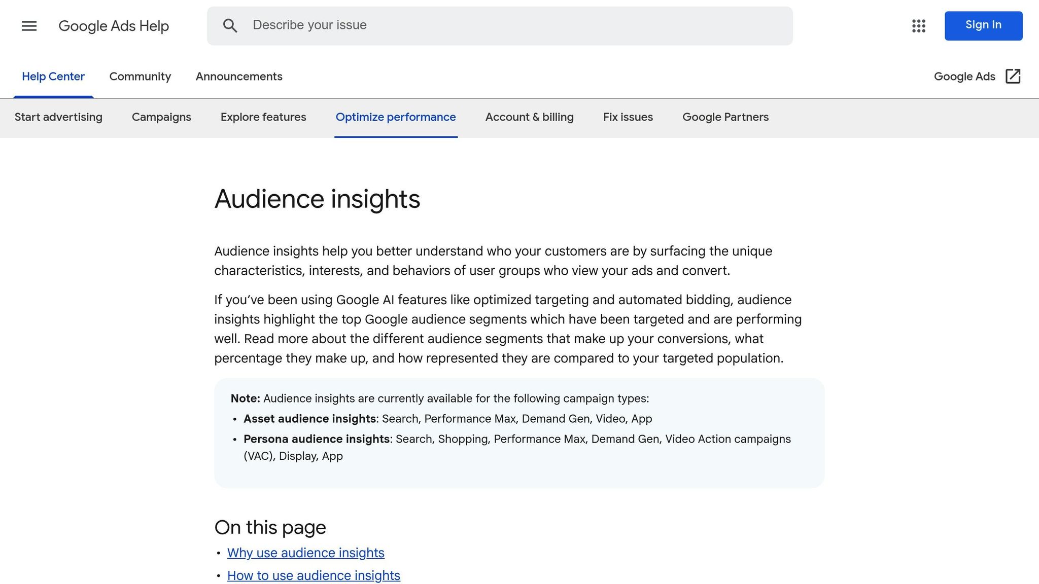 Google Ads Audience Insights dashboard for demographic and interest targeting