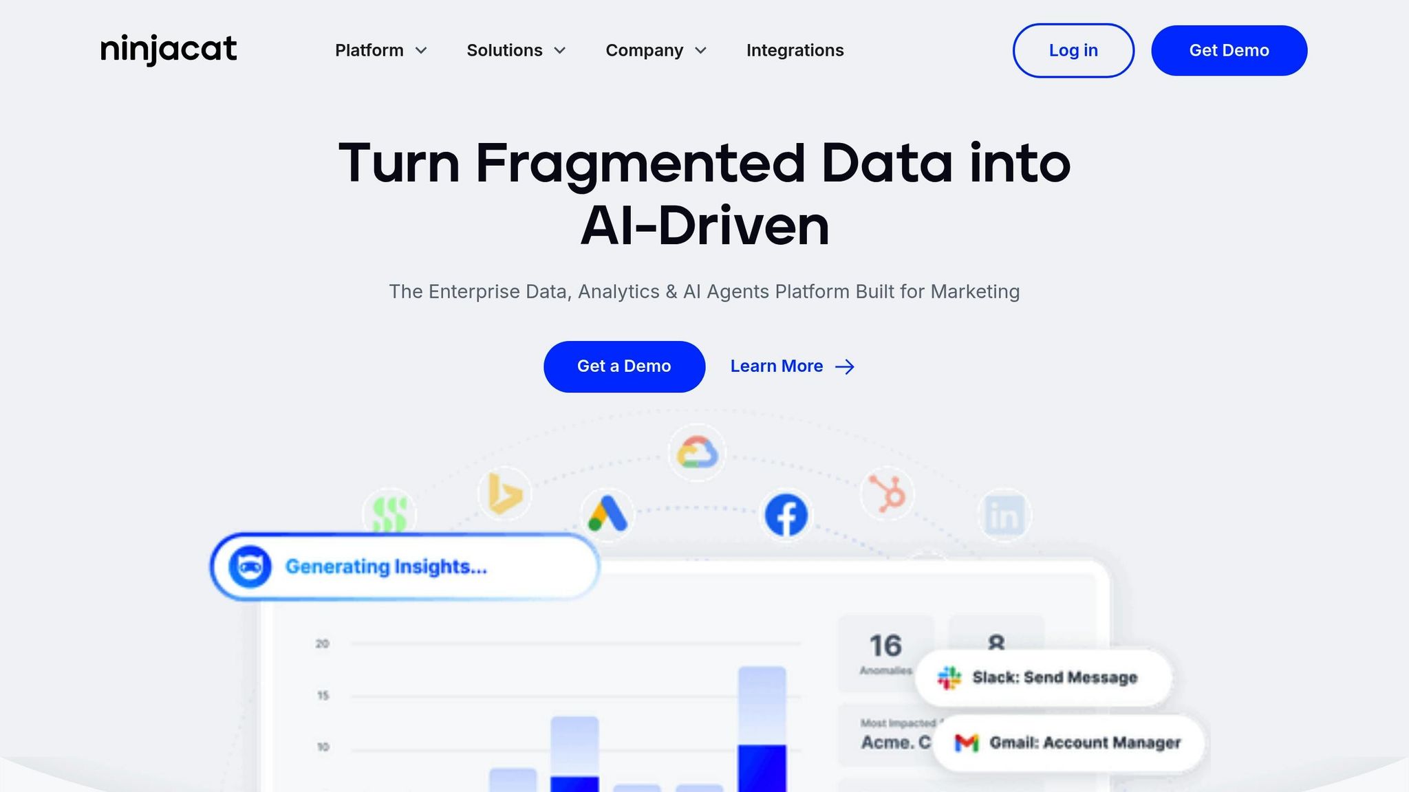 NinjaCat reporting dashboard summarizing client KPI metrics and multi-channel budget tracking