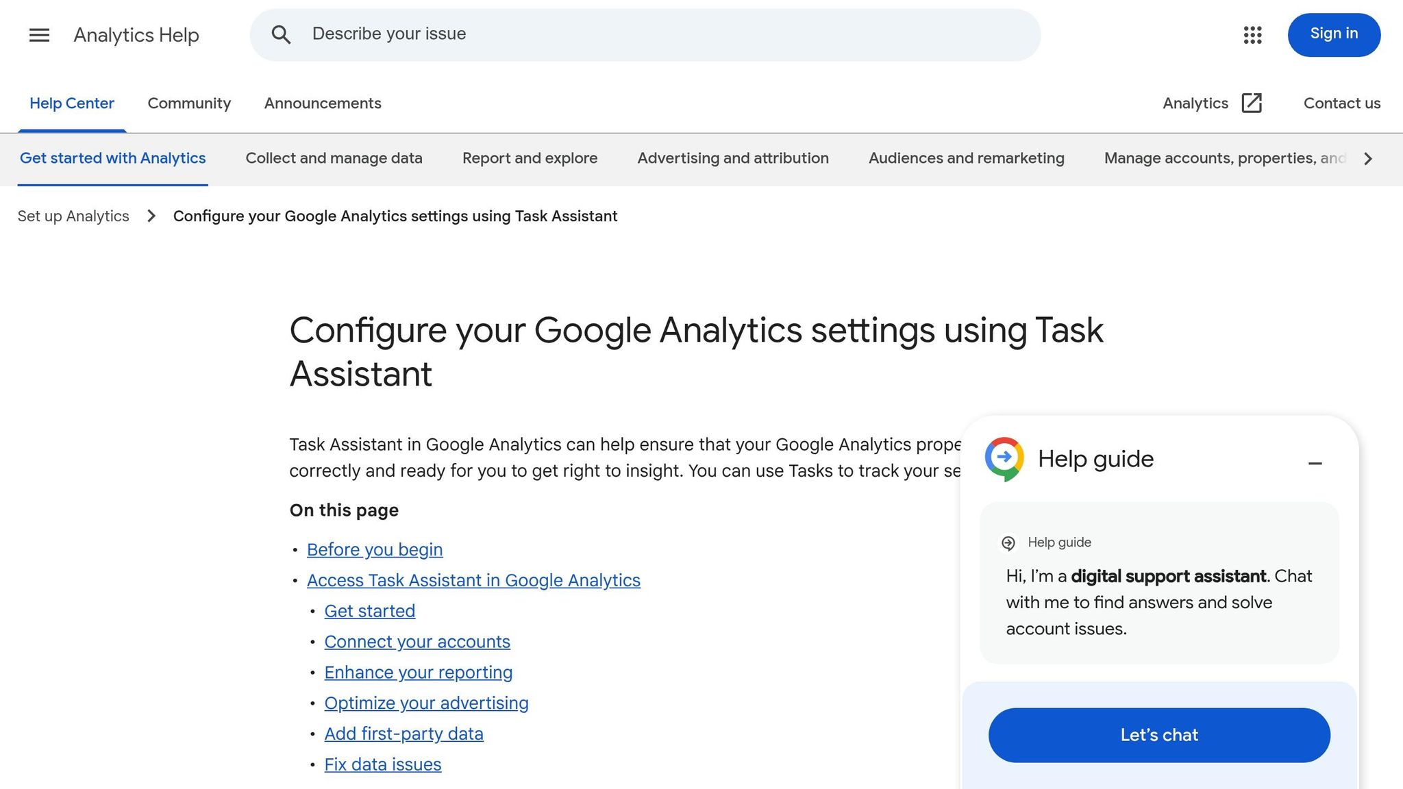 Google Analytics 4 Task Assistant dashboard interface showing optimization categories