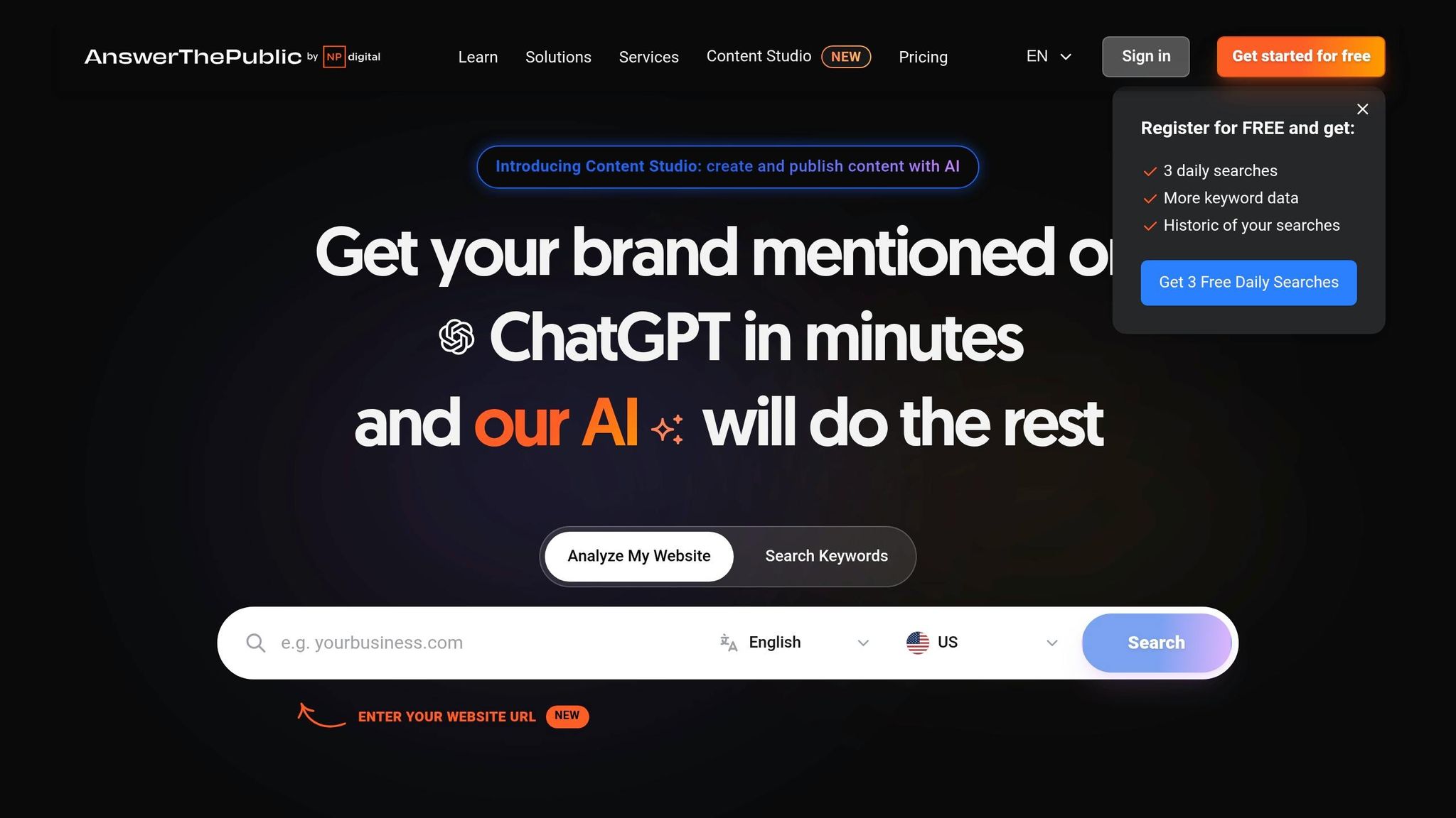 Screenshot of AnswerThePublic visual search map showing question-based keywords branching out from a core topic