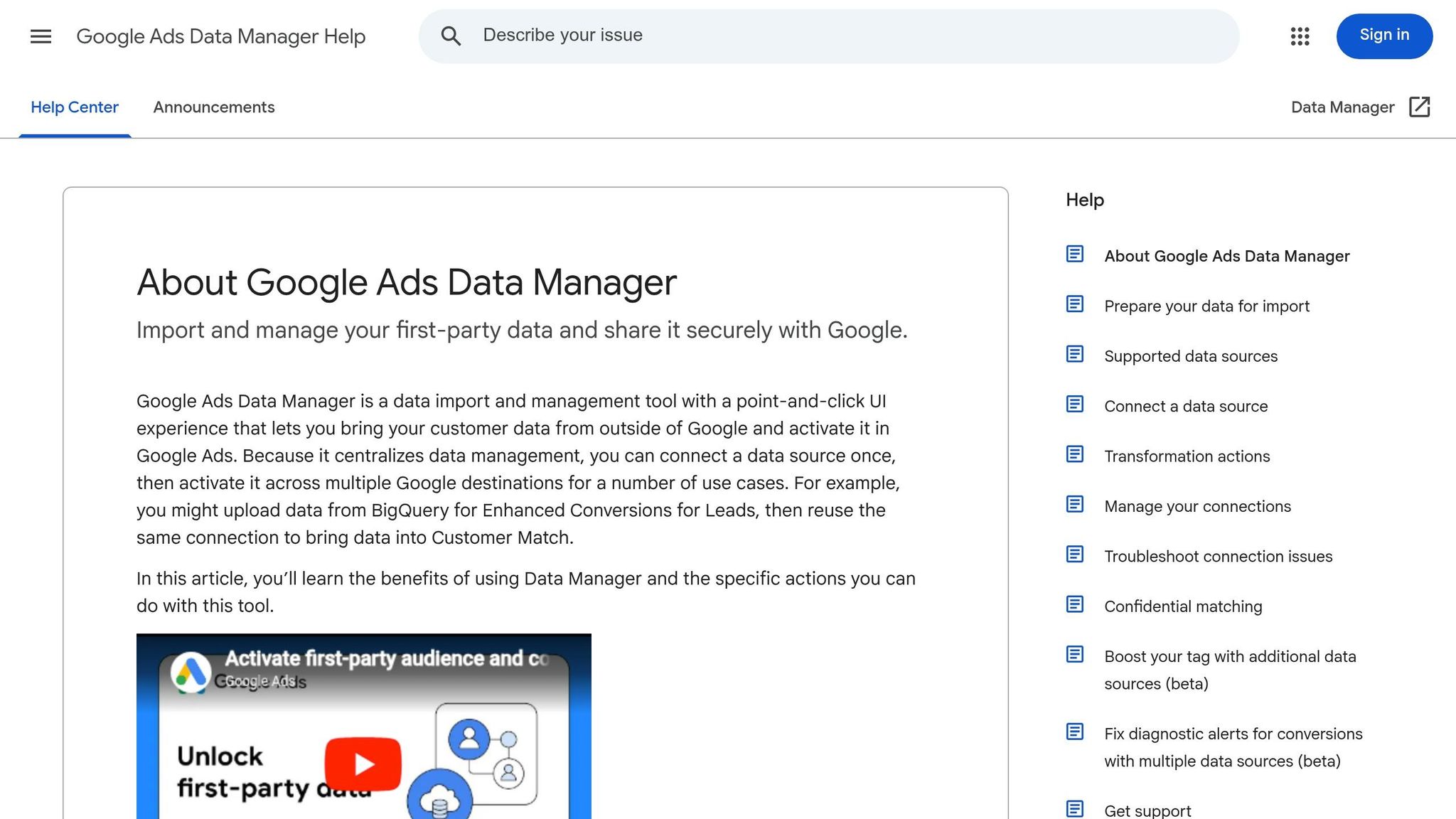 Data Manager interface consolidating first-party data connections