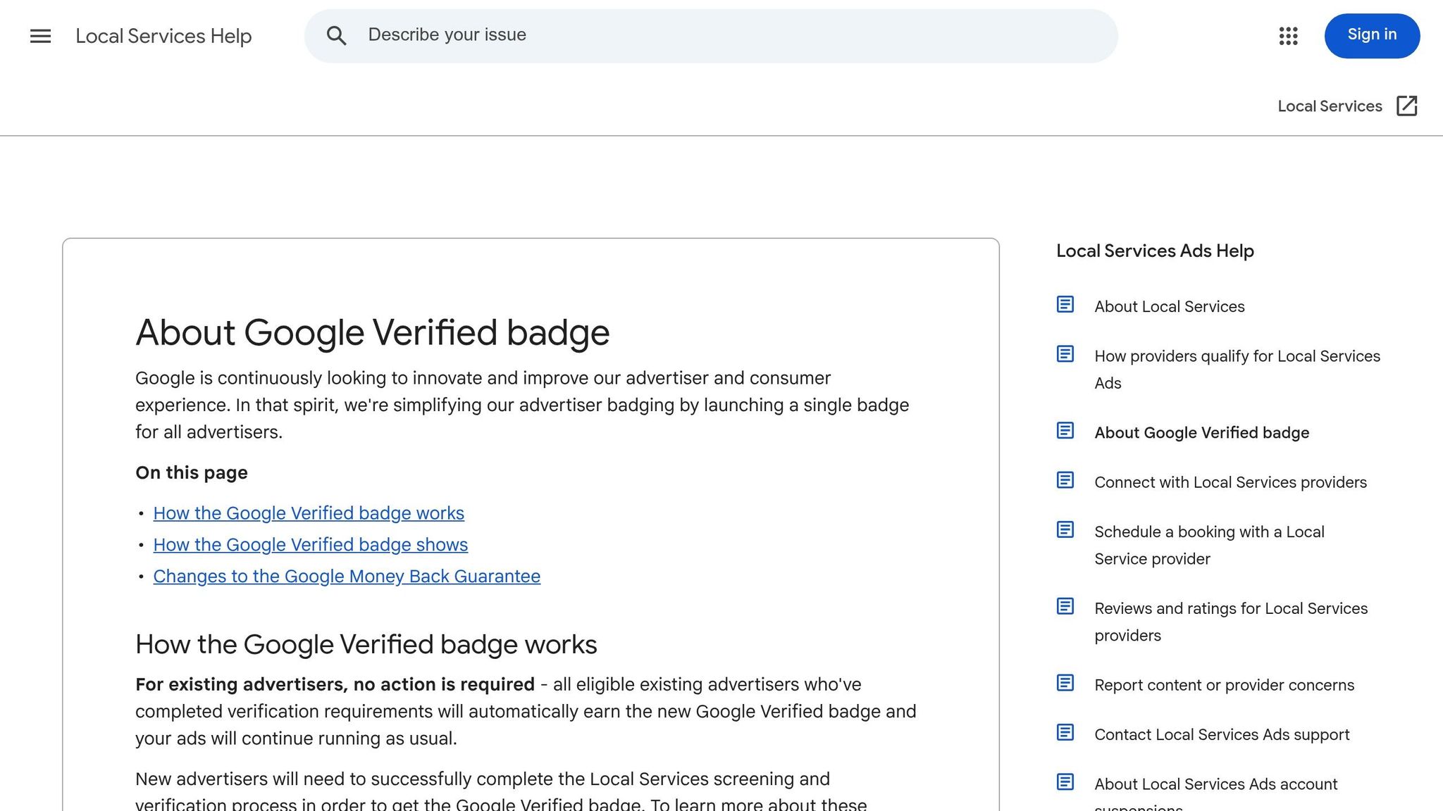Google verification badge shown inside a Local Services Ads listing
