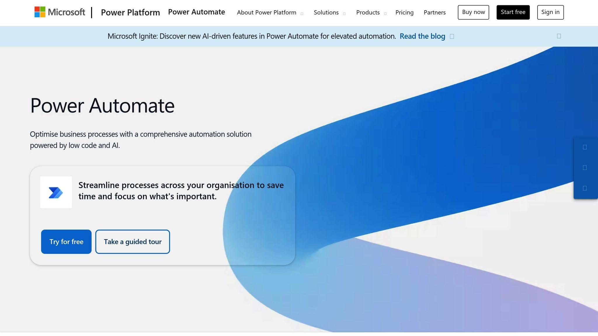 Power Automate interface showcasing automation solutions for business processes, featuring a blue and white design with call-to-action buttons for guided tours and free trials.
