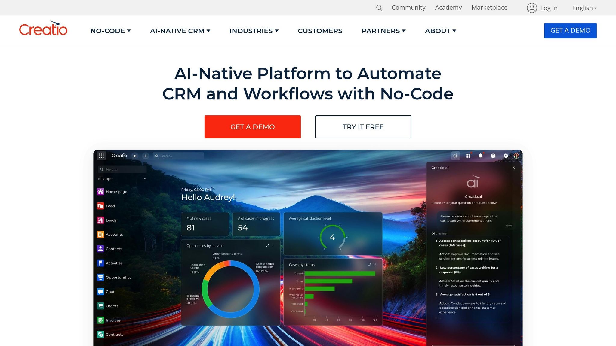 AI-native CRM dashboard showcasing workflow automation features, including case statistics and user interface elements, relevant for UK businesses optimizing AI processes.