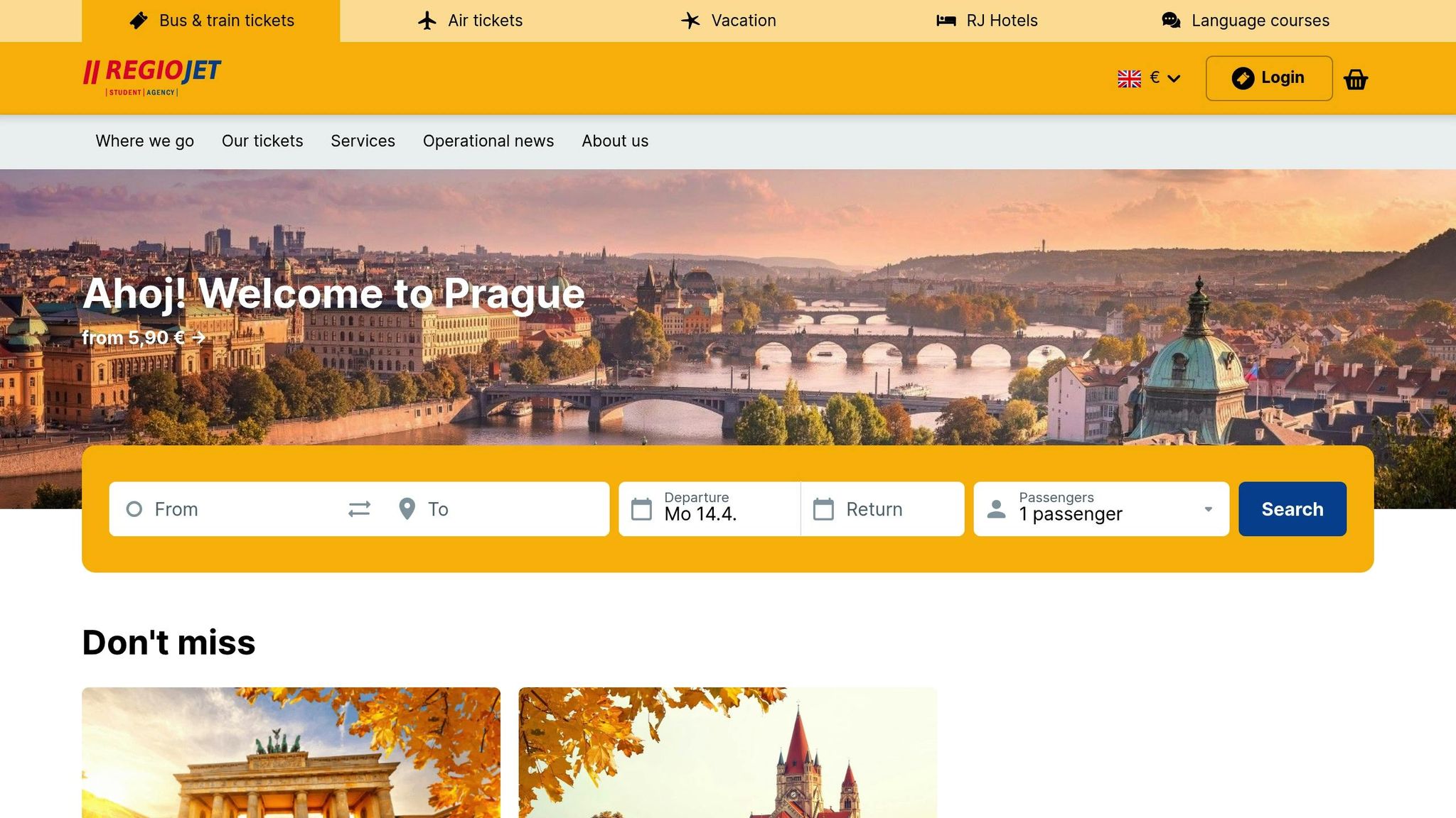 Vienna to Prague by train RegioJet