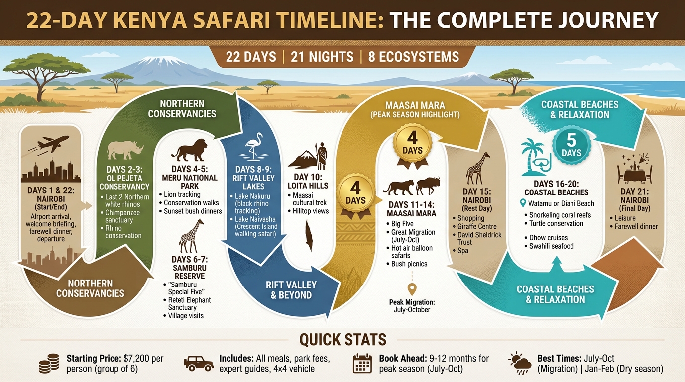 22-Day Kenya Safari Itinerary Overview with Key Destinations and Activities