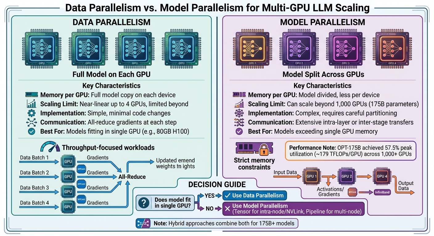 Data Parallelism vs Model Parallelism for Multi-GPU LLM Scaling