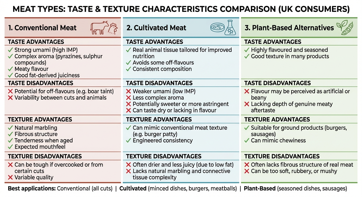 Taste and Texture Comparison: Conventional vs Cultivated vs Plant-Based Meat