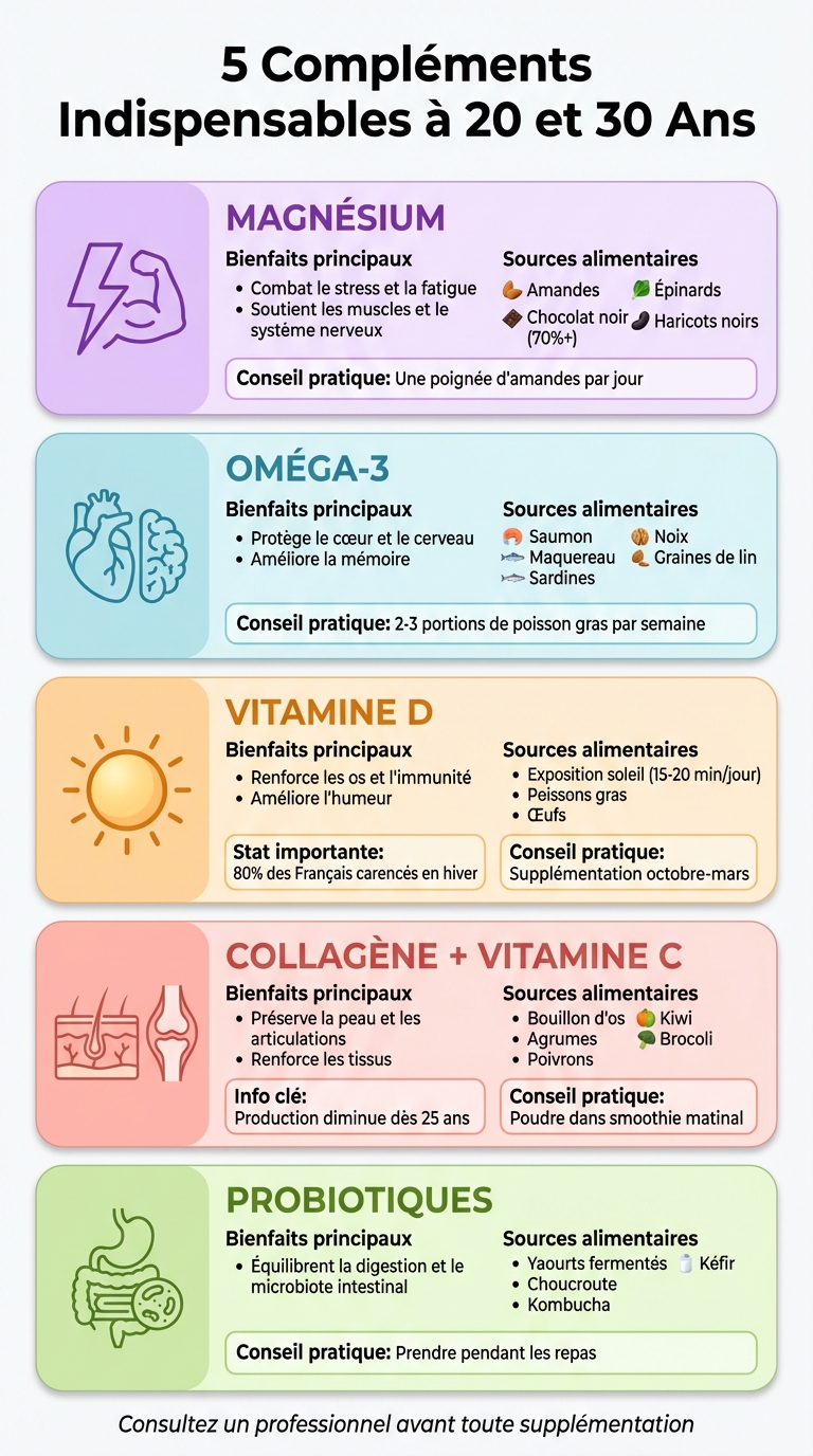 5 compléments alimentaires essentiels pour les 20-30 ans : bienfaits et sources