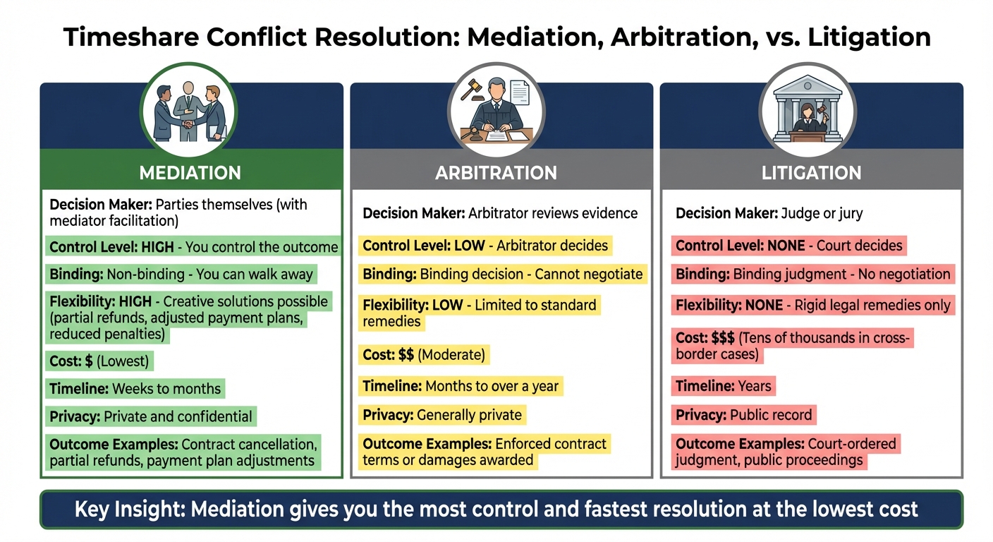 Mediation vs Arbitration vs Litigation for Timeshare Disputes