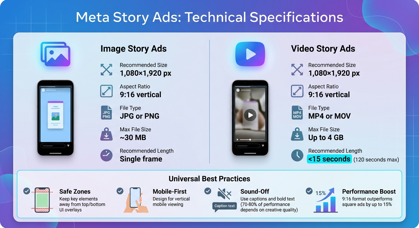 Meta Story Ads Technical Specifications and Image Requirements for 9:16 vertical format on Facebook and Instagram