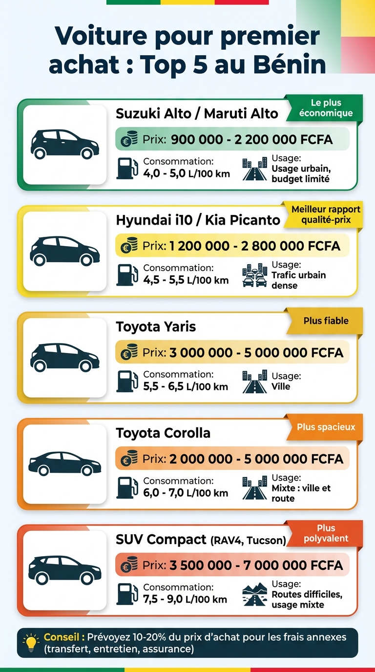 Comparatif des 5 meilleures voitures d'occasion pour jeunes conducteurs au Bénin