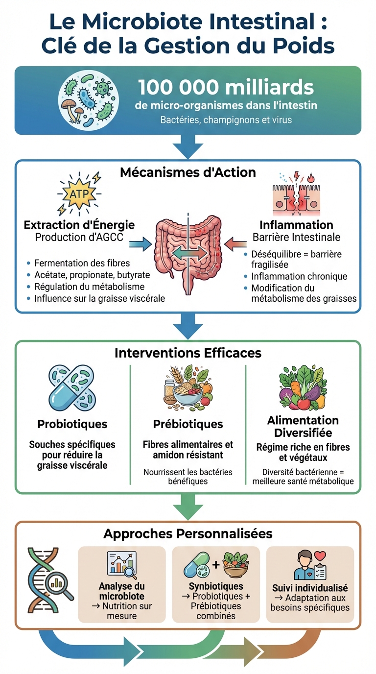 Comment le microbiote intestinal influence la gestion du poids : mécanismes et interventions