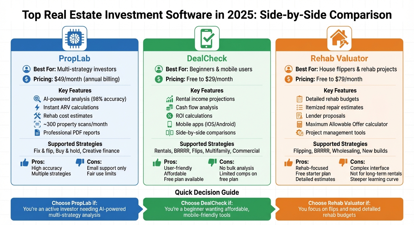 Real Estate Investment Software Comparison 2025: PropLab vs DealCheck vs Rehab Valuator