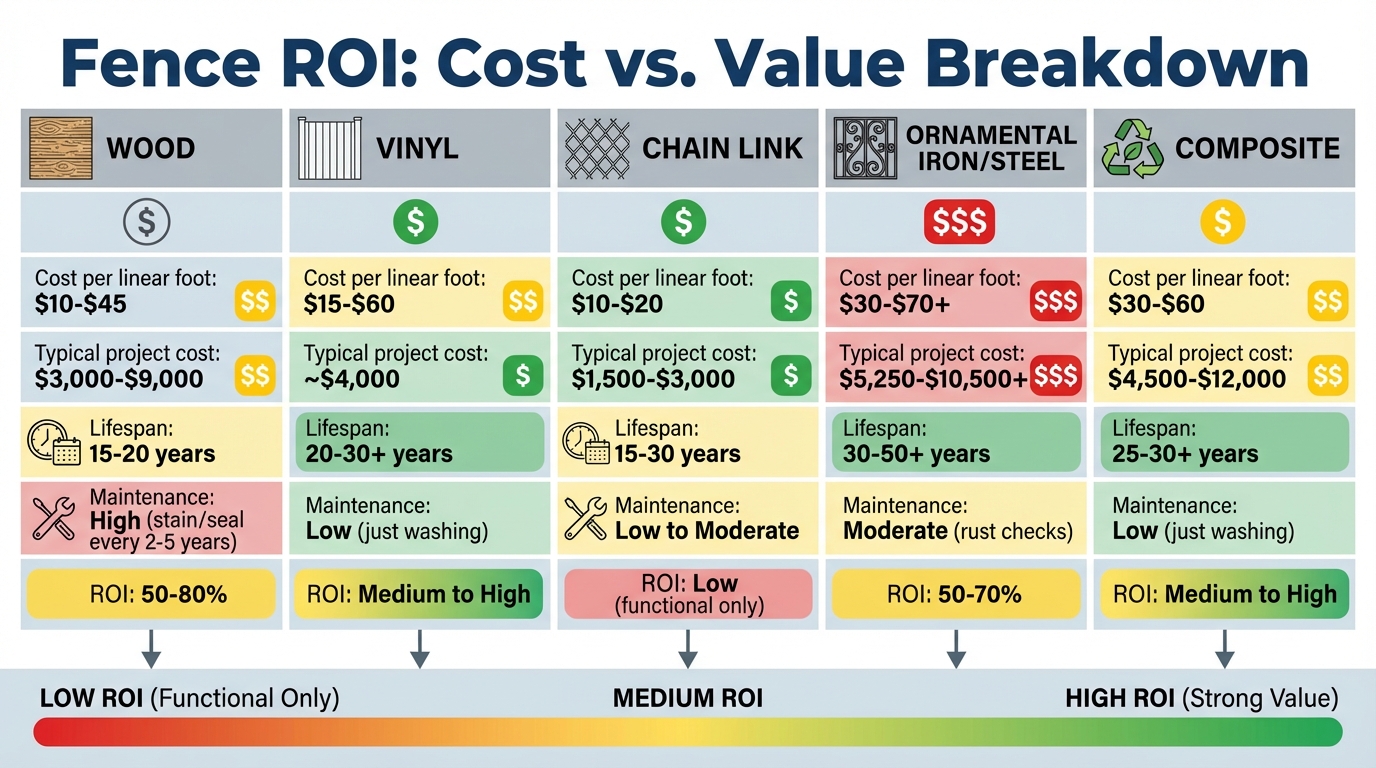 Fence Material Cost and ROI Comparison Chart