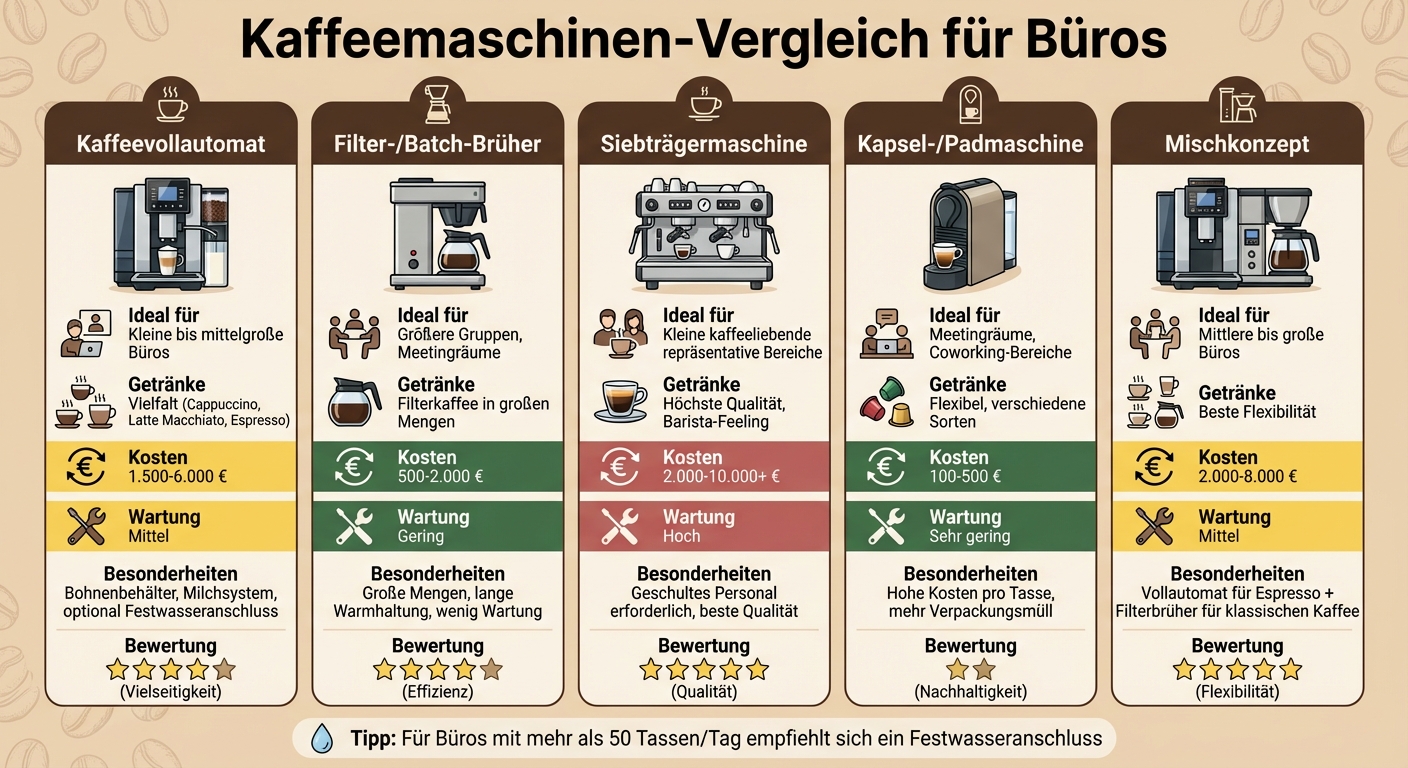 Kaffeemaschinen-Vergleich für Büros: Vollautomaten, Filter, Siebträger und Kapselsysteme