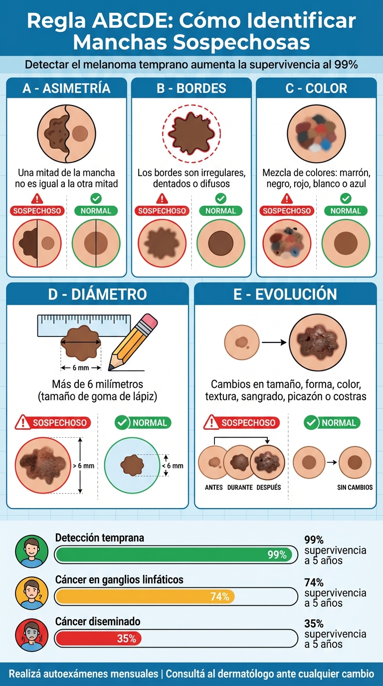 Regla ABCDE para detectar cáncer de piel: guía visual de señales de alerta