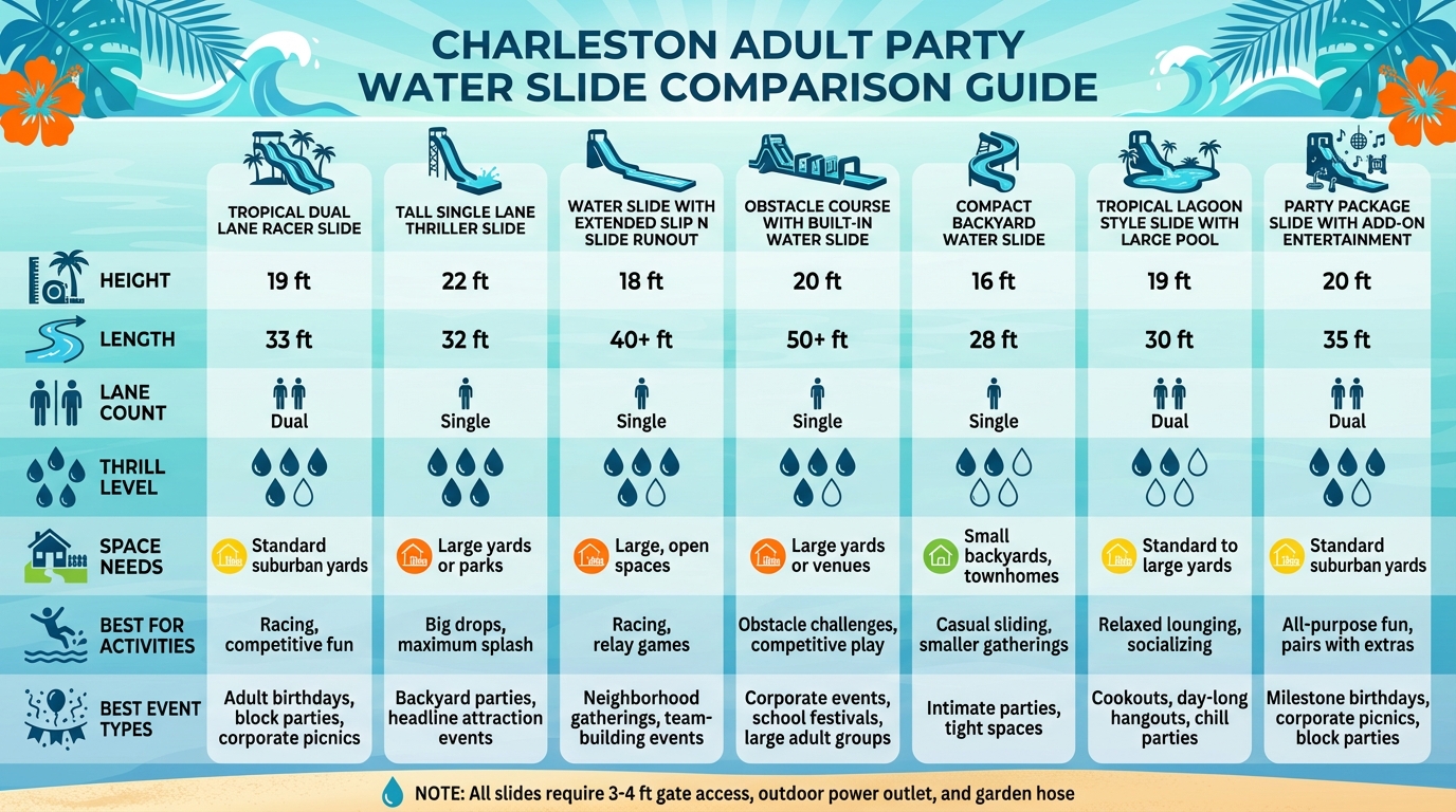 Charleston Water Slide Comparison: Height, Size, and Best Uses for Adult Parties