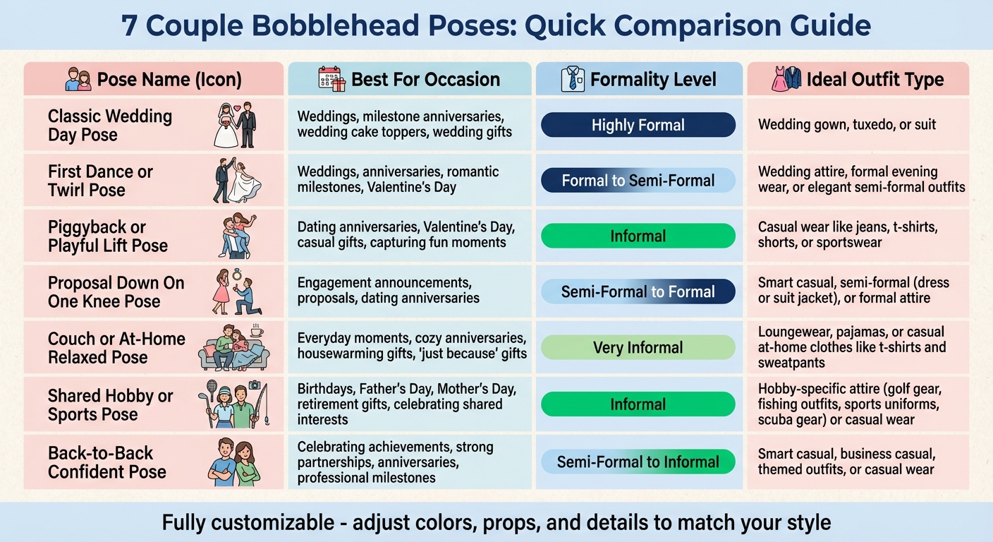 7 Couple Bobblehead Poses Comparison Guide: Occasions, Formality & Outfit Types